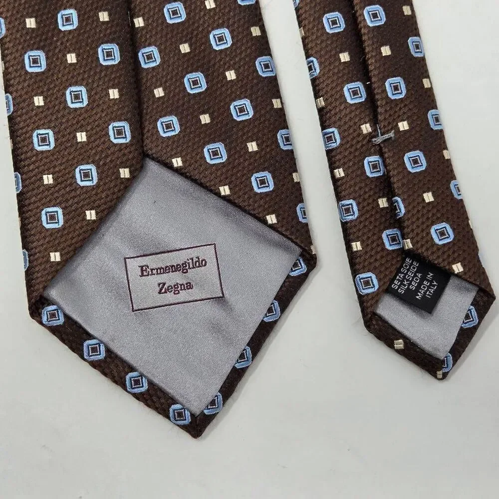 ERMENEGILDO ZEGNA SILK TIE BROWN GEOMETRIC LUXURY SATIN 3.5